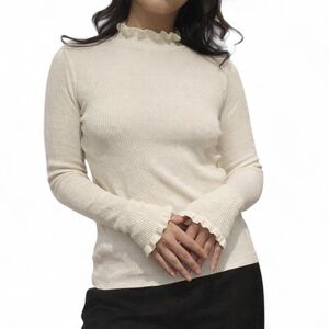 Express Cream Ribbed Ruffle Mock Neck Long Sleeve Top Size Medium